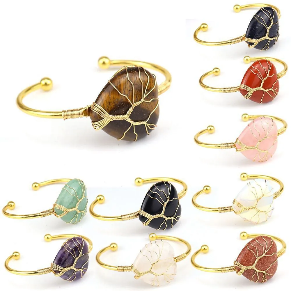 Goldener Draht Umwickelter Lebensbaum Herz Naturstein Offener Armreif Armband Handgefertigter Amethyst Rosenquarz Kristall Schmuck