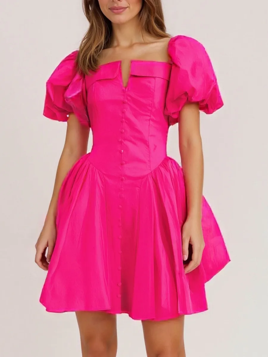 French Vintage Puff Sleeve High Waist Mini Dress For Women Elegant Single Breasted Slimming A-line Short Sleeve Dress Party Daily Wear
