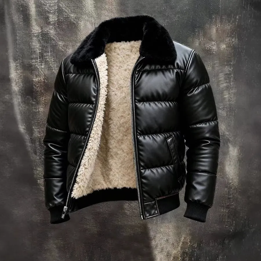 Veste de Moto pour Homme en Cuir PU Doublée de Polaire Manteau d'Hiver Matelassé Revers en Laine d'Agneau Synthétique Top