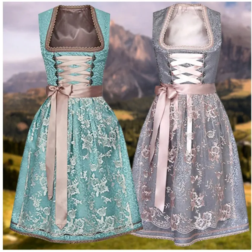 Abito Dirndl Tradizionale Tedesco da Donna in Pizzo Ricamato Scollo Quadrato Allacciatura Costume da Festa Etnico Bavarese
