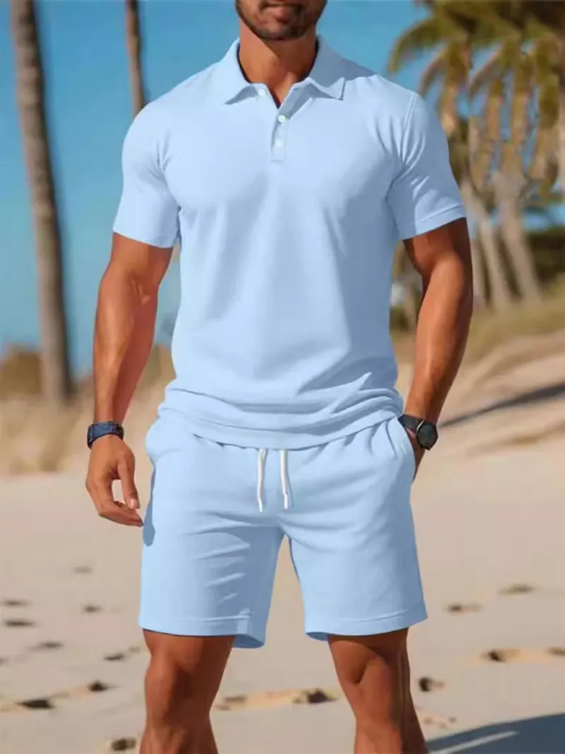 Herren Casual Sommer Polo Shirt Und Shorts Oberteil Und Unterteil Waffelstrick Atmungsaktiv Sportlich Kurzarm Outfit Strand Mode