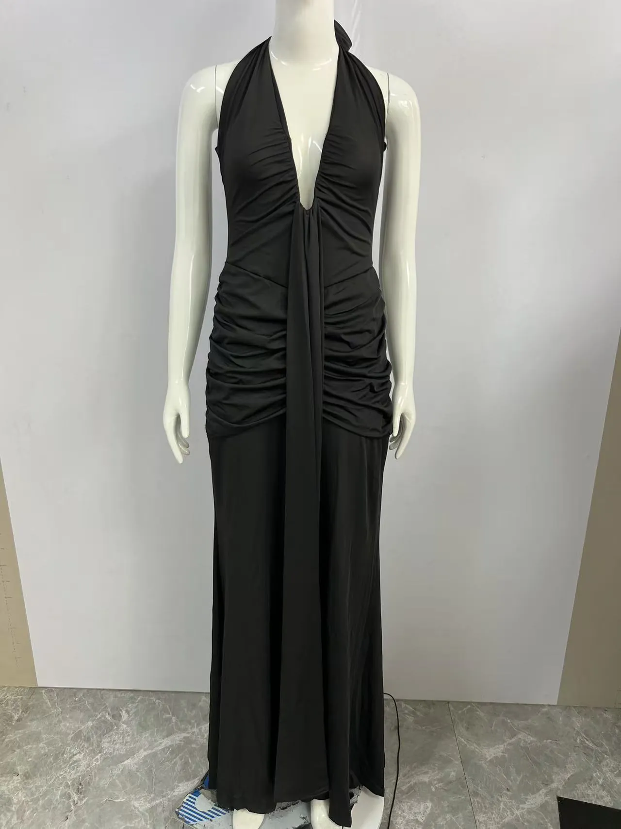 Abito Lungo da Donna Elegante Scollo all'Americana Schiena Scoperta Arricciato Maxi Abito Sexy Scollo a V Profondo Bodycon Party Vacanza