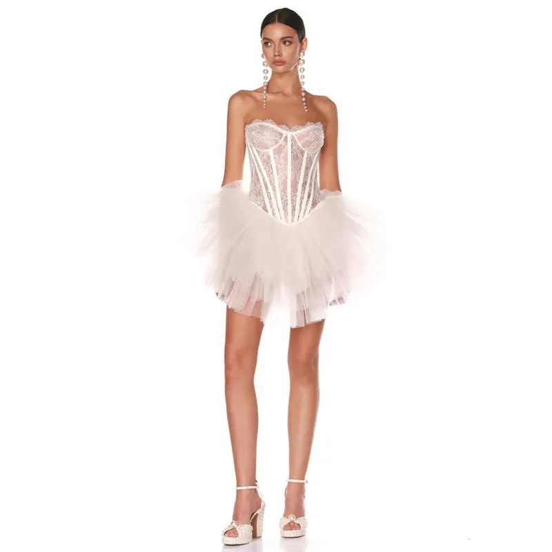 Vestito a Corsetto in Pizzo Sexy da Donna Bianco Tubino con Stecche Gonna a Bolle in Rete Elegante Europeo Slim Fit Mini Vestito da Festa
