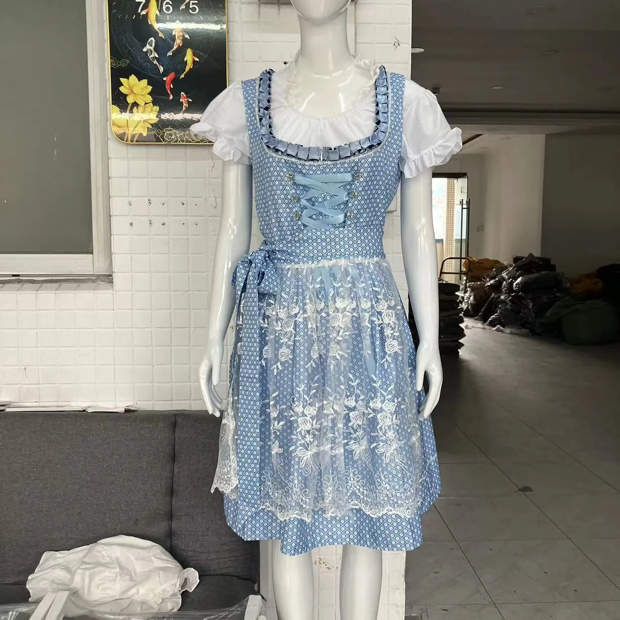Women Bavarian Oktoberfest Dirndl Dress Costume Traditional German Beer Festival Floral Printed Lace-up Stage Performance Dress