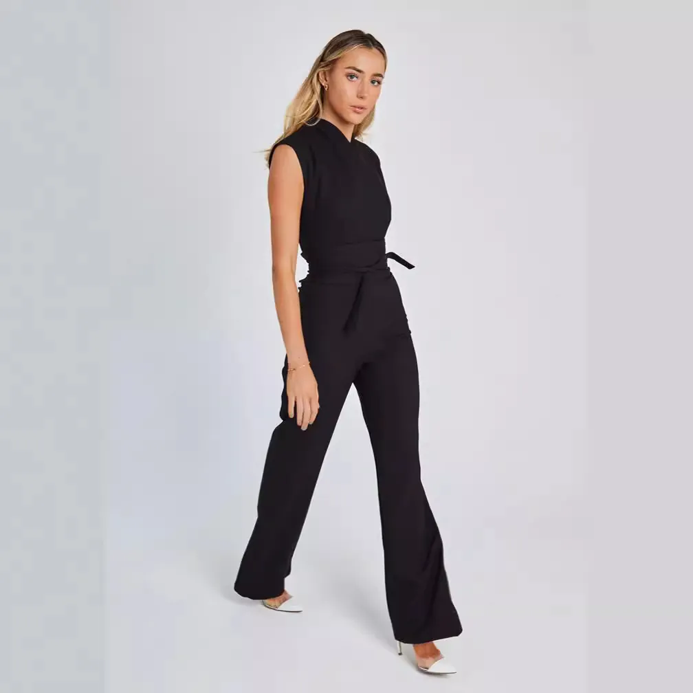 Women Sleeveless Wide Leg Jumpsuit Elegant High Waist Tie Front Solid Color Crinkled One Piece Jumpsuit For Summer Beach Daily Wear
