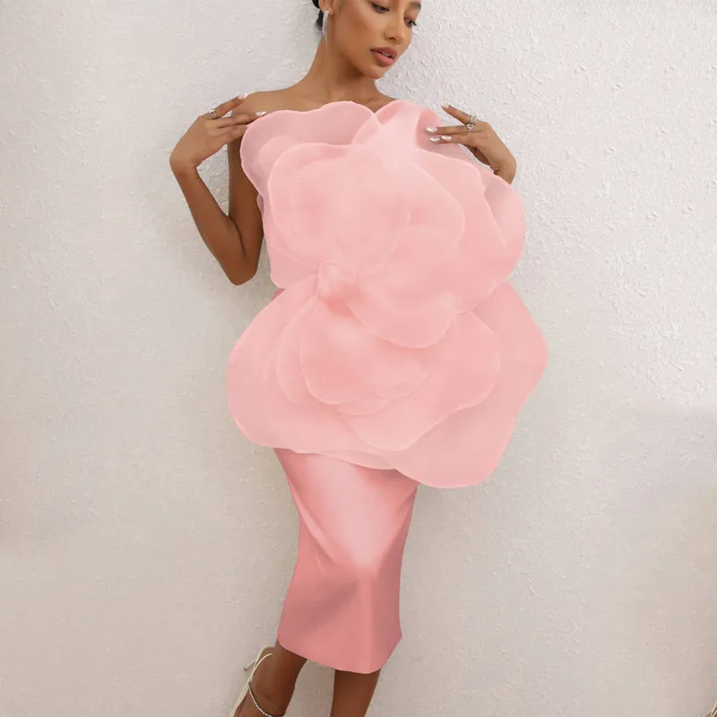 Women Sexy One Shoulder 3D Flower Decoration Satin Midi Dress Elegant Bodycon Party Cocktail Wedding Guest Midi Dress