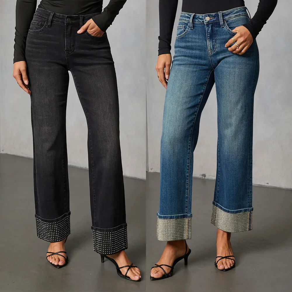Women Fashion Washed Denim Straight Jeans Casual High Waist Rhinestone Cuffed Hem Cotton Blend Streetwear Trousers Long Pants