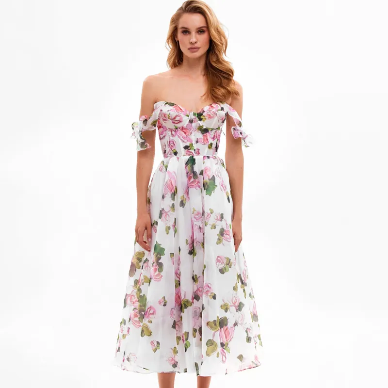 Women's Sexy Floral Print Midi Dress Elegant Tie Shoulder Strap Big Swing A-Line Dress Polyester Rose Pattern Party Sun Dress