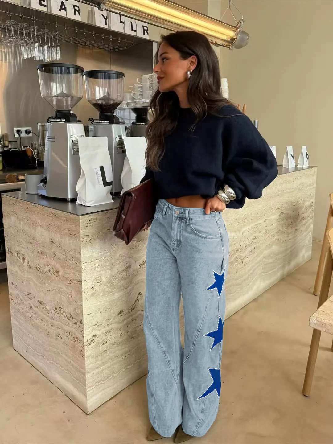 Women Fashion Casual Star Print Loose Straight Leg Denim Jeans High Waist Streetwear Trousers