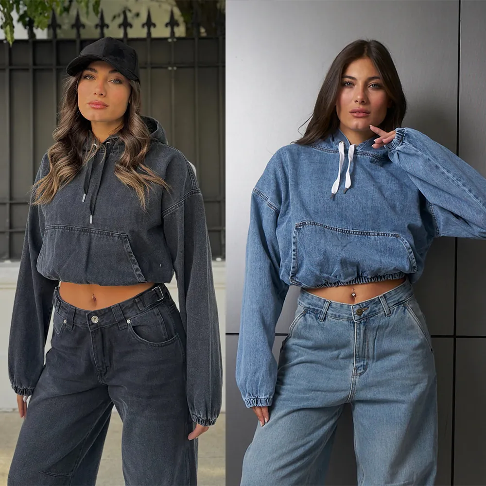 Top Pullover de Denim para Mujer Holgado Casual Lavado con Capucha Manga Larga Corto con Bolsillos Moda Streetwear Vintage