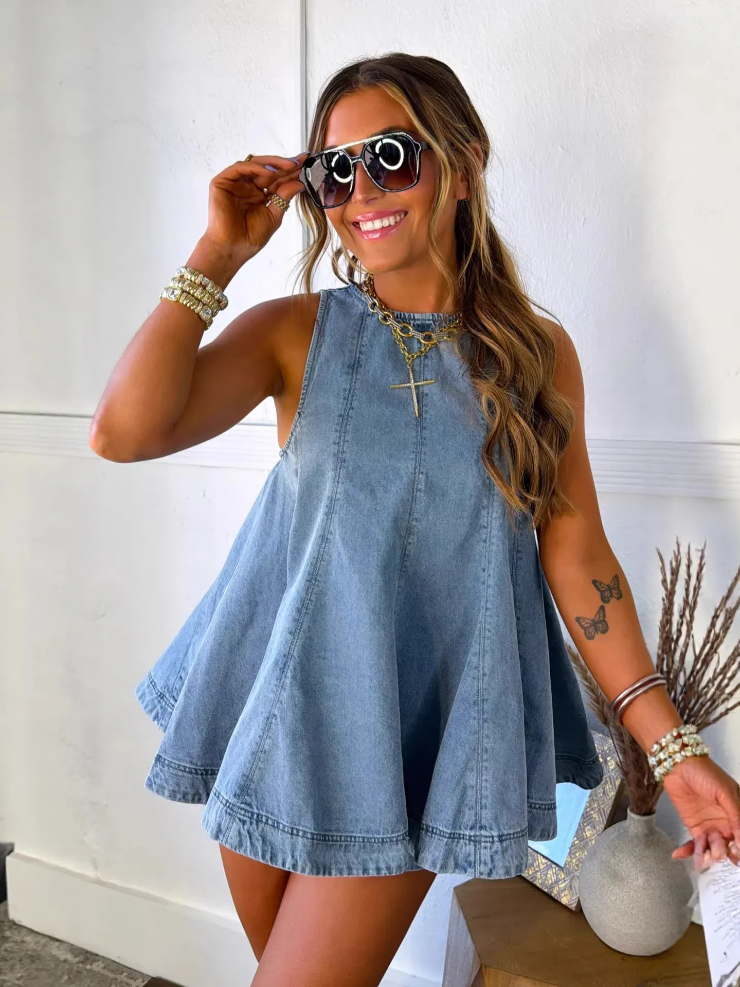 Γυναικείο Casual Denim Σορτς Σετ Αμάνικο Πλυμένο Μείγμα Βαμβακιού Top And Bottom Σετ Καλοκαιρινό Χαλαρό Streetwear Ρούχο