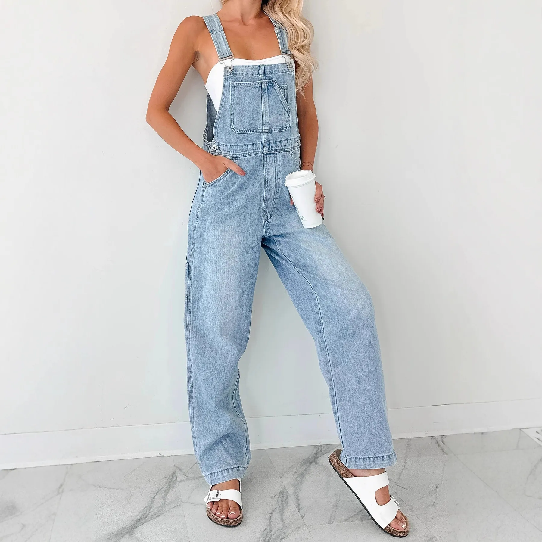 Women's Fashion Denim Overalls With Adjustable Straps Loose Straight Leg Workwear Style Cotton Polyester Washed Jean Jumpsuit