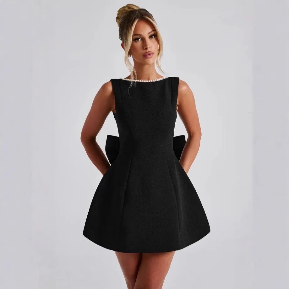 Women's Summer Backless Mini Dress Large Bow Artificial Pearl Trim Polyester Sleeveless A-Line Party Dress For Banquet