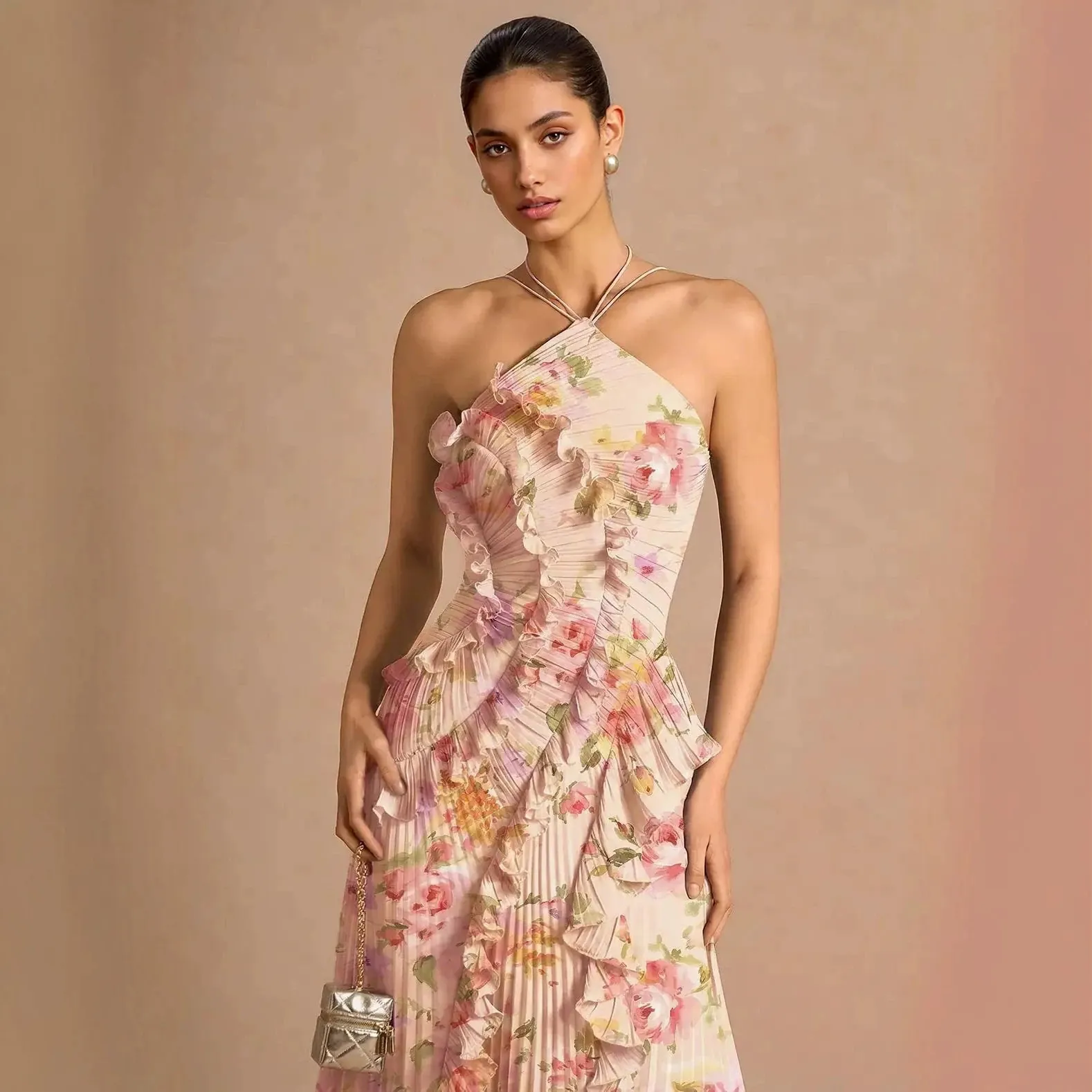 Women Halter Neck Pleated Floral Dress Ruffle Asymmetric Hem Sleeveless Slim Fit Chiffon Long Dress Party Evening Vestido