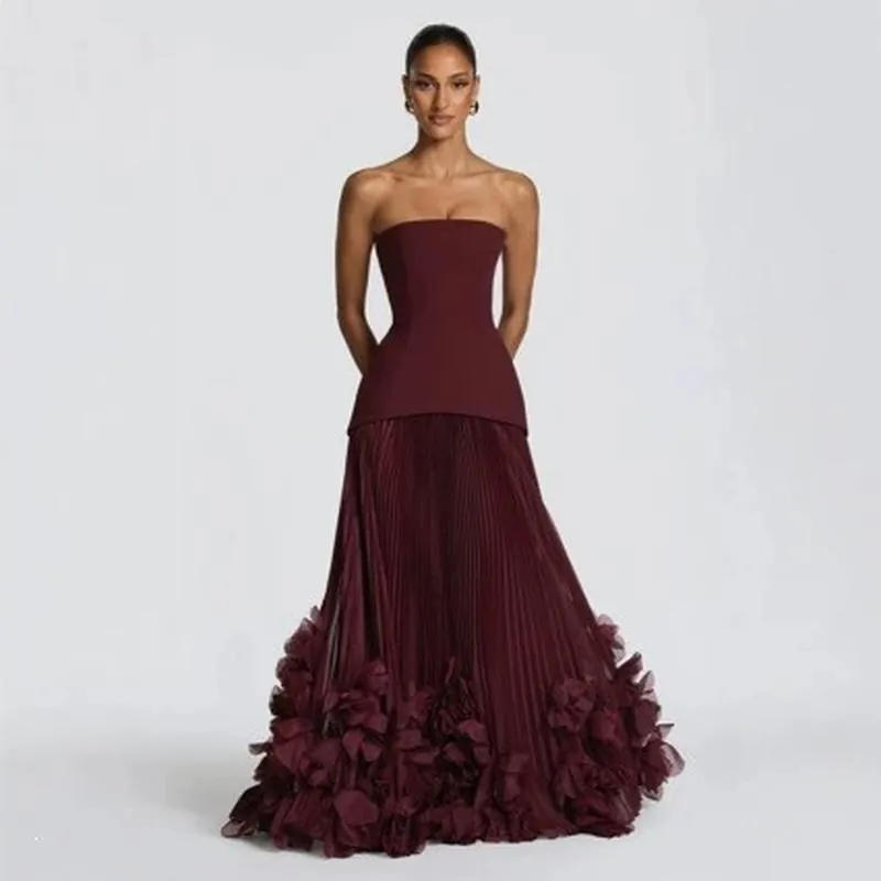 Robe de Soirée Plissée Bustier pour Femmes Élégante Robe Maxi Ajustée Avec Ourlet en Pétales 3D et Traîne Robe de Mariage Formelle