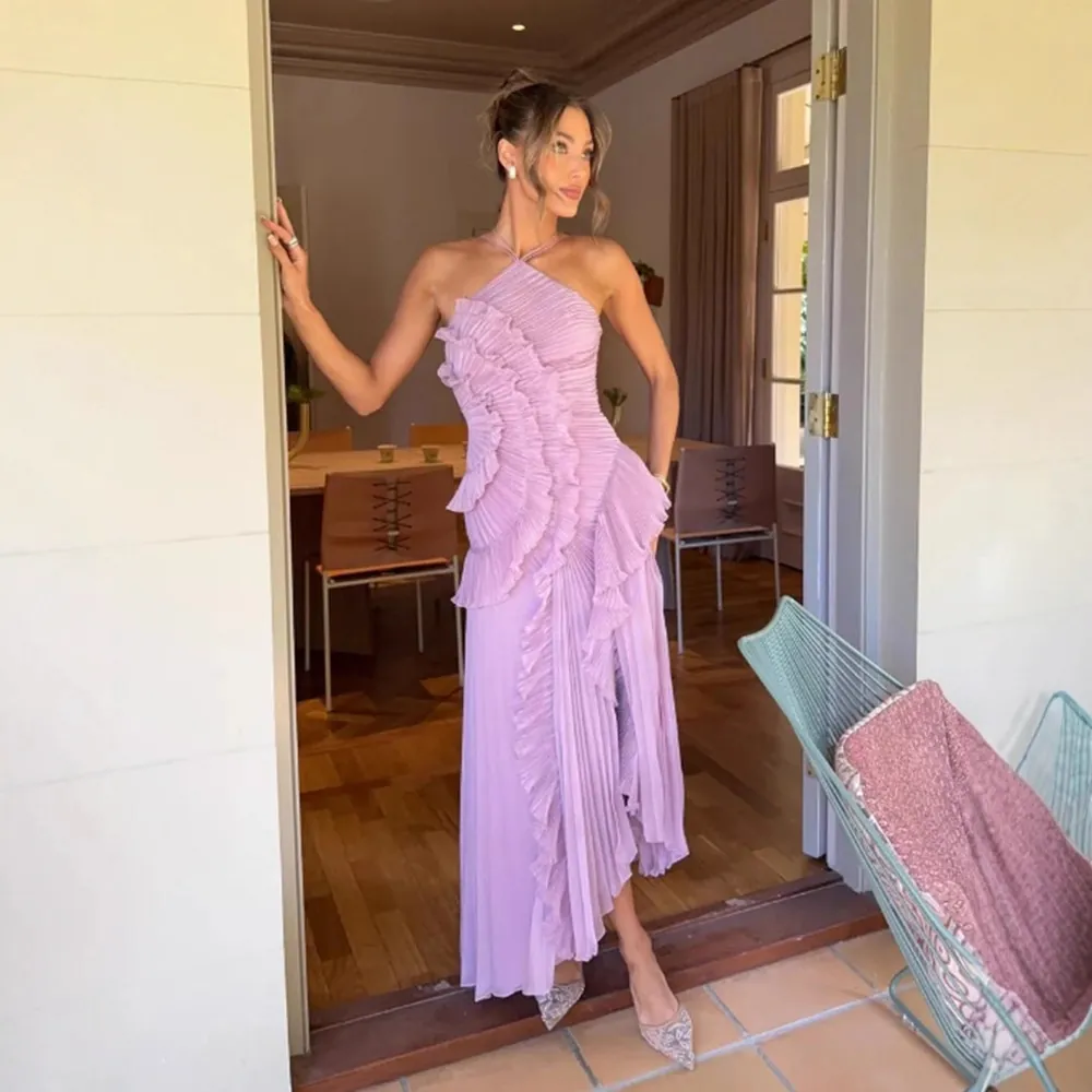 Women Halter Neck Ruffle Maxi Dress Sexy Backless Pleated Summer Party Elegant Celebrity Chiffon Dress