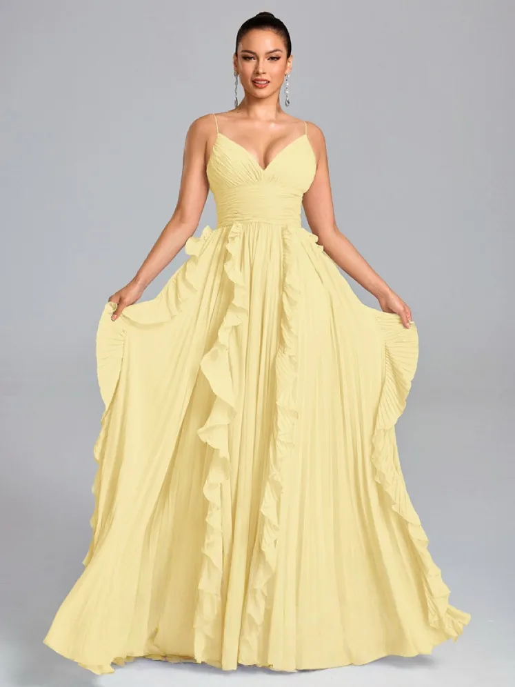 Women Elegant Pleated Chiffon Maxi Dress Spaghetti Strap V-Neck Ruffle Long Evening Party Dress High Waist Cocktail Gown