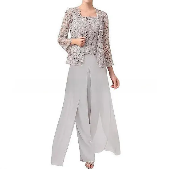 Completo Donna Elegante Pizzo Chiffon Top And Bottom Set Abito da Sera Formale Cardigan a Maniche Lunghe con Pantaloni a Gamba Larga a Vita Alta