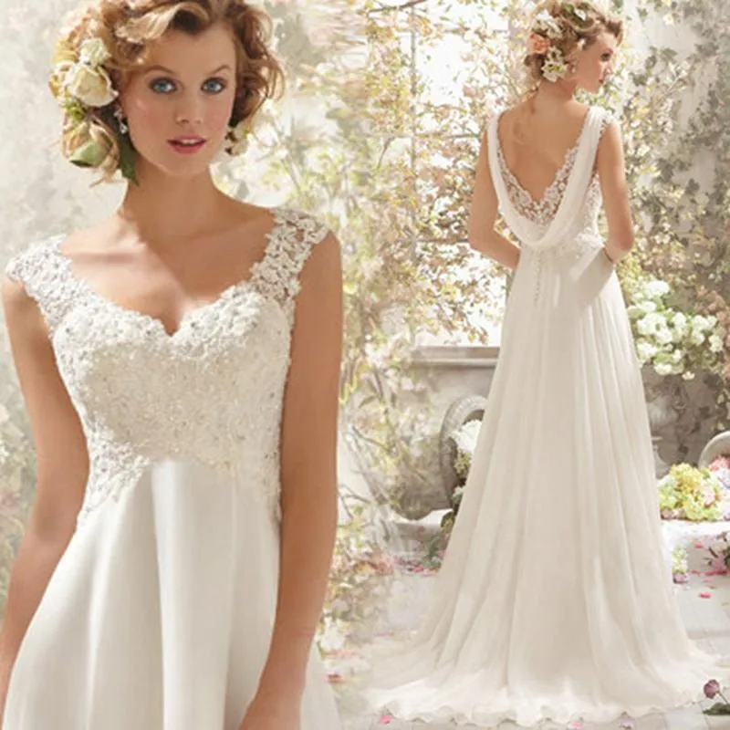Women's Lace Wedding Dress V-Neck Backless A-Line Bride Dress Ivory White Pure White Bridal Gown For Wedding Party Travel