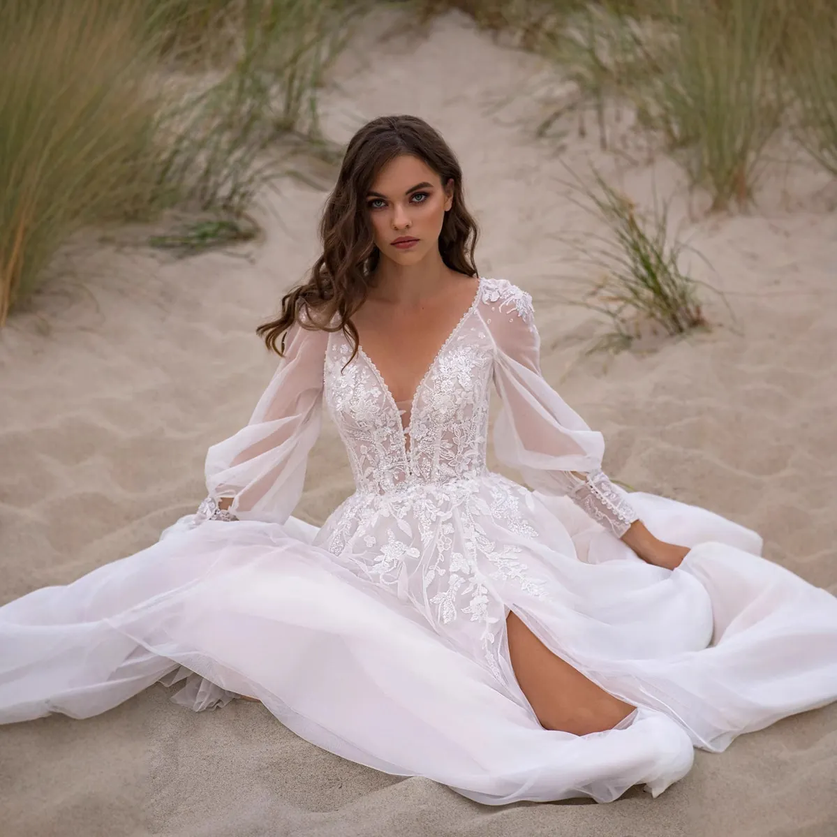 Elegant V-Neck Lace Wedding Dress Long Lantern Sleeve Slim Fit High Slit Pleated Bridal Gown For Women Travel Photography