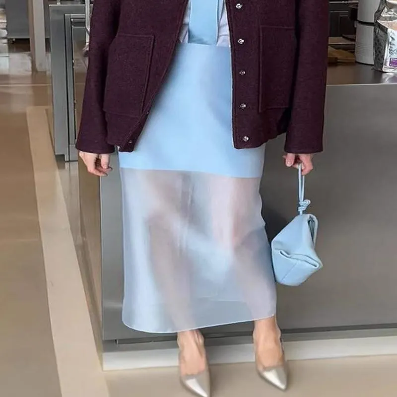 Women High Waist Midi Skirt Elegant Perspective Patchwork Sheer Mesh Skirt Casual Commute Fashion Tulle Long Skirt Spring Summer