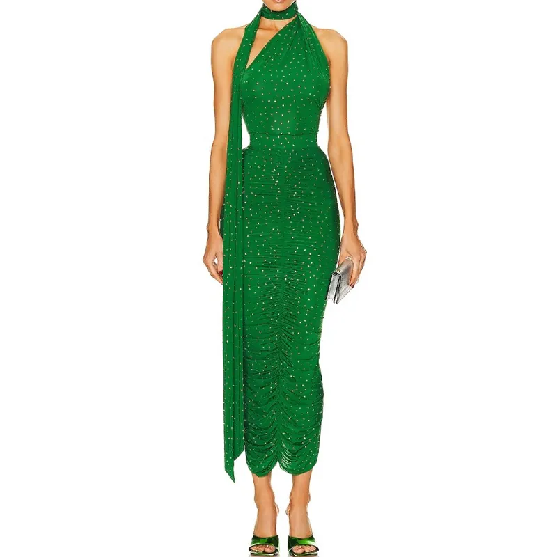 Luxury European Style Rhinestone Knitted Halter Top And Ruched Maxi Skirt Set High Stretch Sleeveless Two Piece Party Clothing For Women