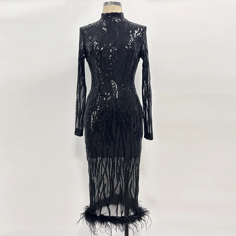 Elegantes Damen Pailletten Abendkleid Mesh Hochhals Bodycon Kleid Mit Federbesatz Langarm Partykleid Für Bankett Hochzeit