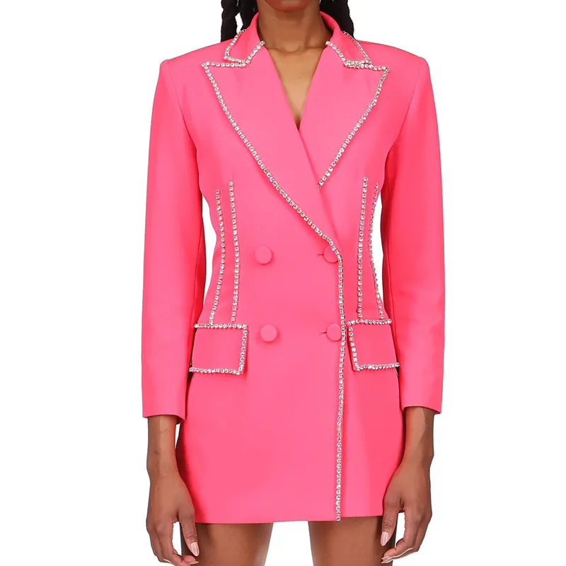 Women Luxury Rhinestone Beaded Blazer Dress Double Breasted Mid Length Bodycon Slim Fit Elegant Evening Party Dress Hot Pink White