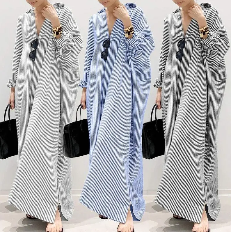 Women's Plus Size Striped Print Maxi Dress Oversized Long Sleeve Button Down Shirt Dress Casual Loose Kaftan Robe