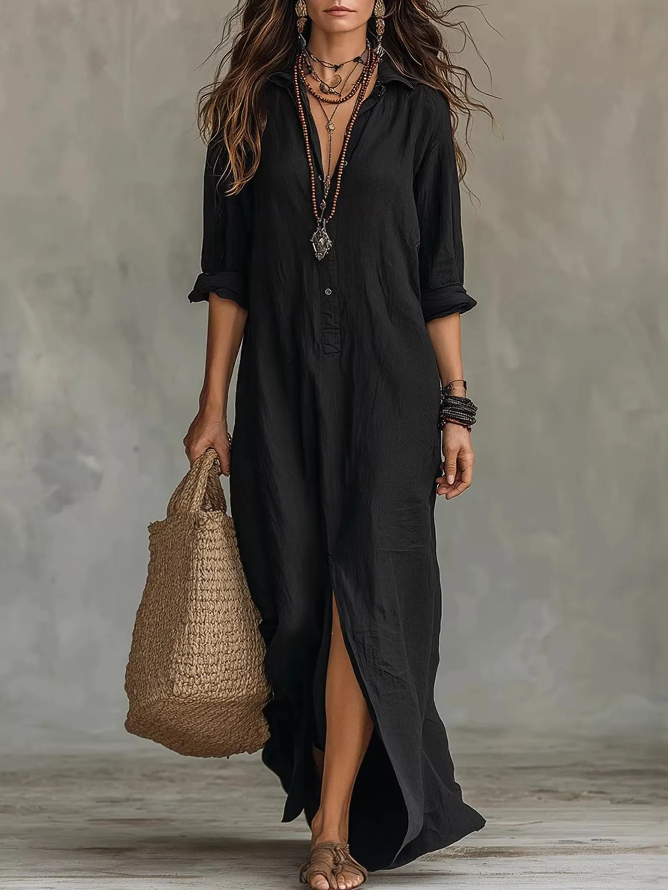 Vestido Casual para Mujer Color Sólido Solapa Abertura Frontal Otoño Holgado Manga Larga Vestido Camisero Estilo Europeo Streetwear