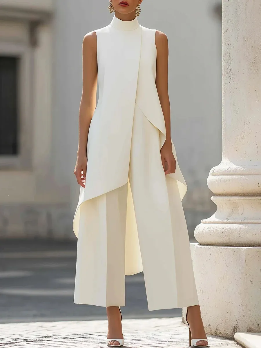 Women Elegant High Neck Sleeveless Irregular Design Faux Two Piece Jumpsuit Slim Fit Polyester Solid Color One Piece Set