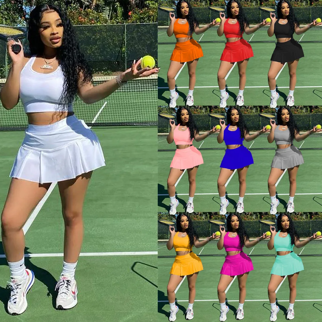 Ensemble Sportif Coupe Slim Femme Couleur Unie Crop Top Et Jupe-Culotte Plissée Pour Tennis Fitness Gym Vêtement Été