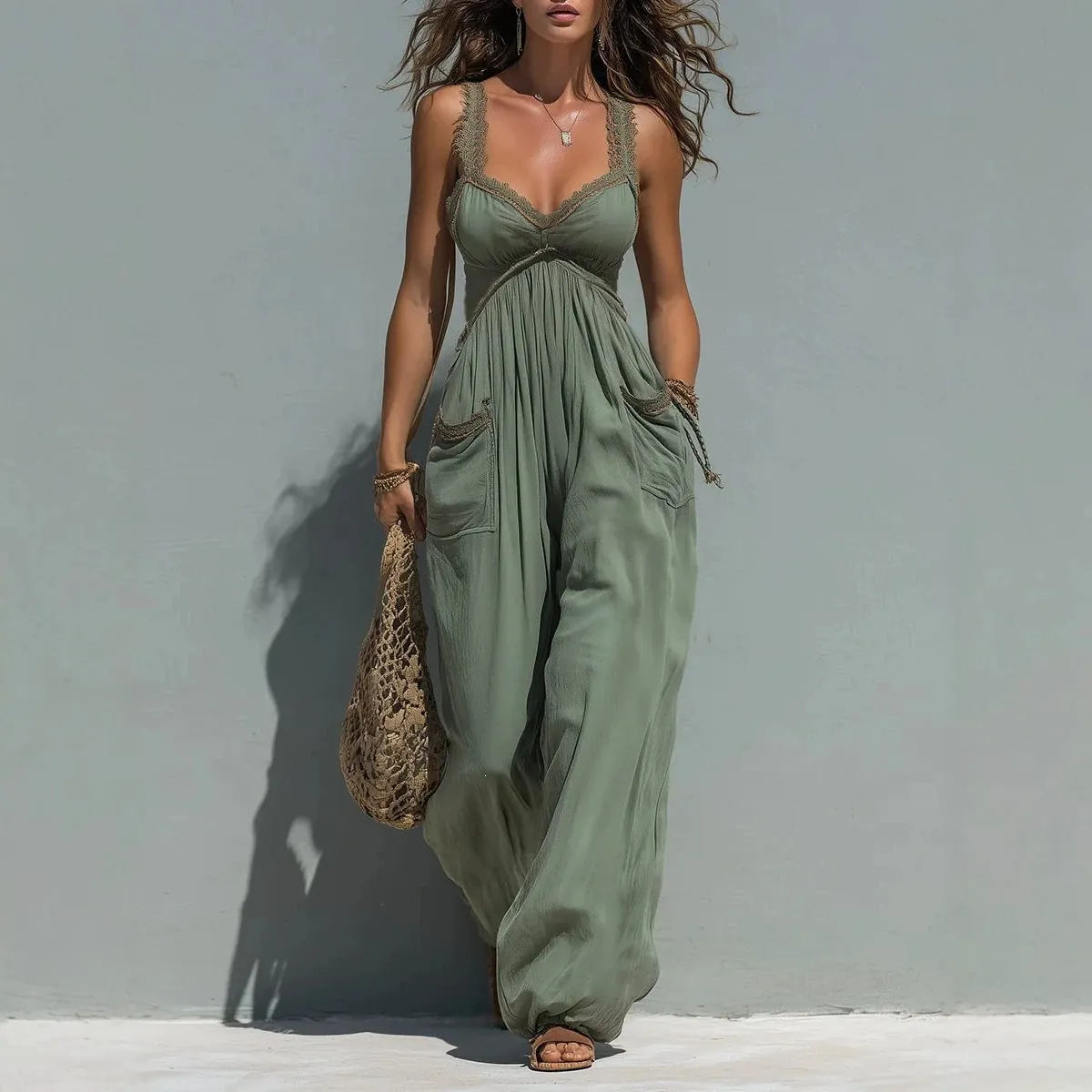 Mono Sexy Sin Mangas para Mujer con Ribete de Encaje Pierna Ancha Color Sólido Cintura Alta Suelto Verano Playa Vacaciones Moda