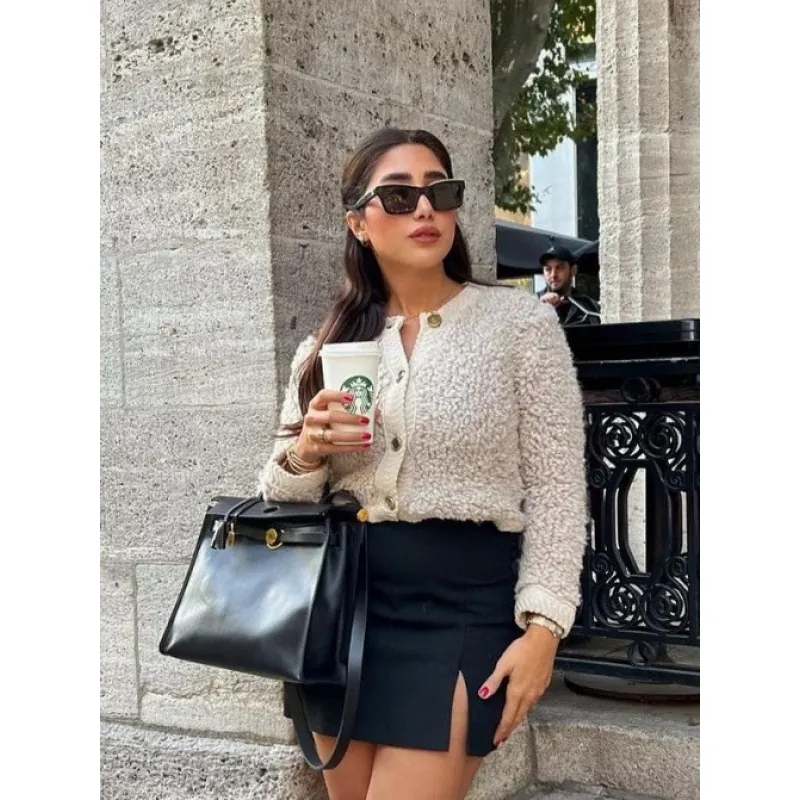 Dames Lamswol Gebreid Vest Vintage Elegant Effen Kleur Ronde Hals Korte Wollen Jas Top Voor Herfst Winter