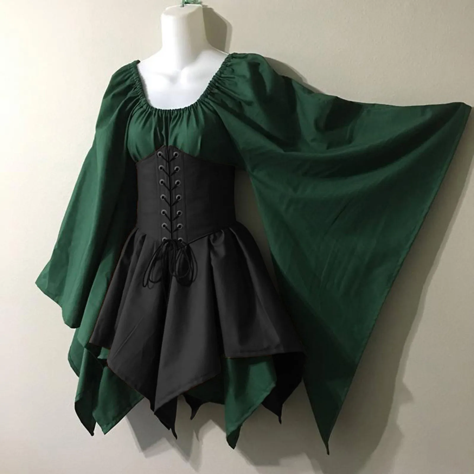 Renaissance Medieval Dress For Women Halloween Party Vintage Flare Sleeve Lace-up Corset Irregular Patchwork Midi Dress