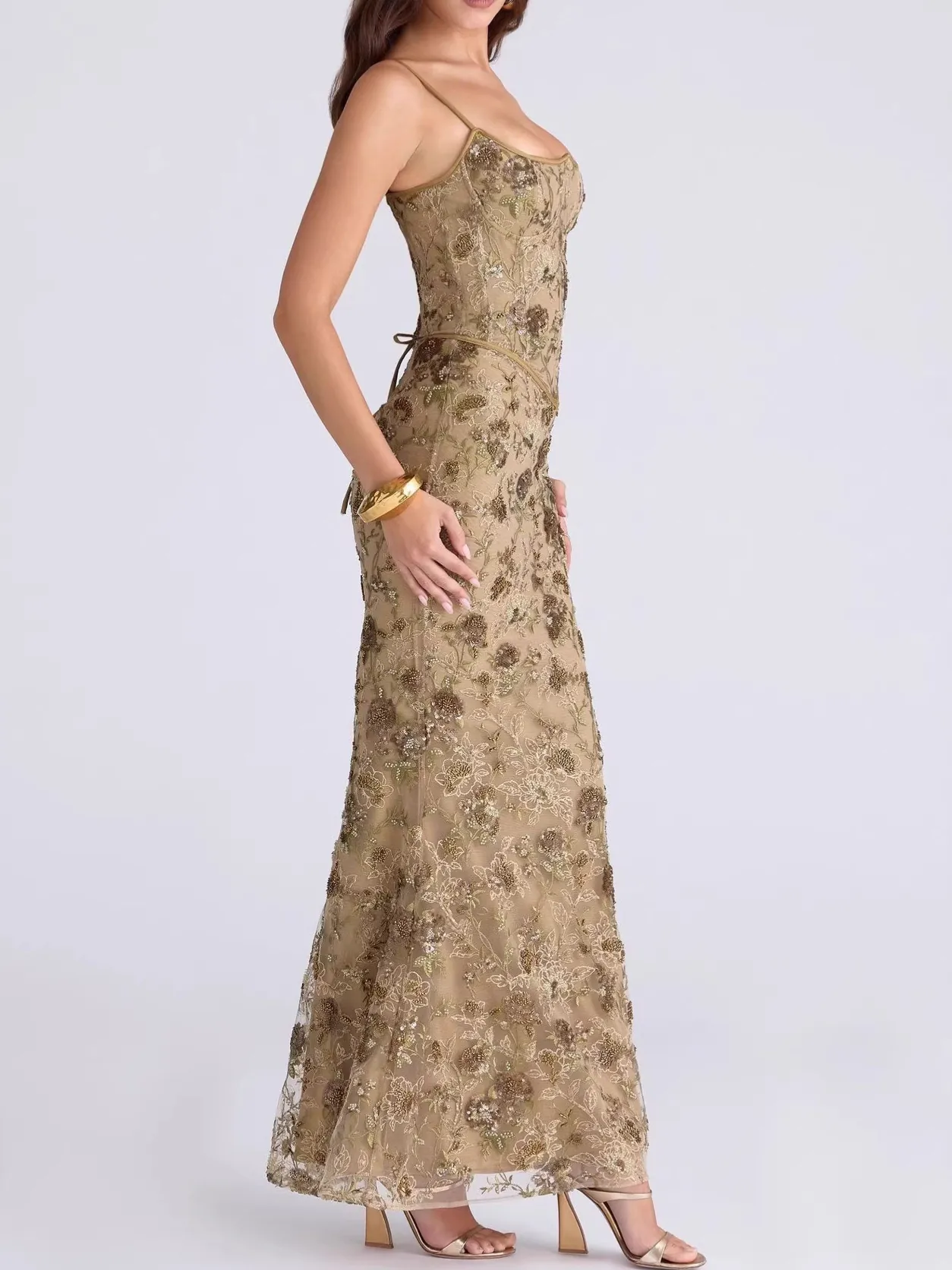 Elegant Floral Sequin Cami Backless Maxi Dress For Women Sexy Low Cut Waist Slimming Evening Party Gown Long Dress