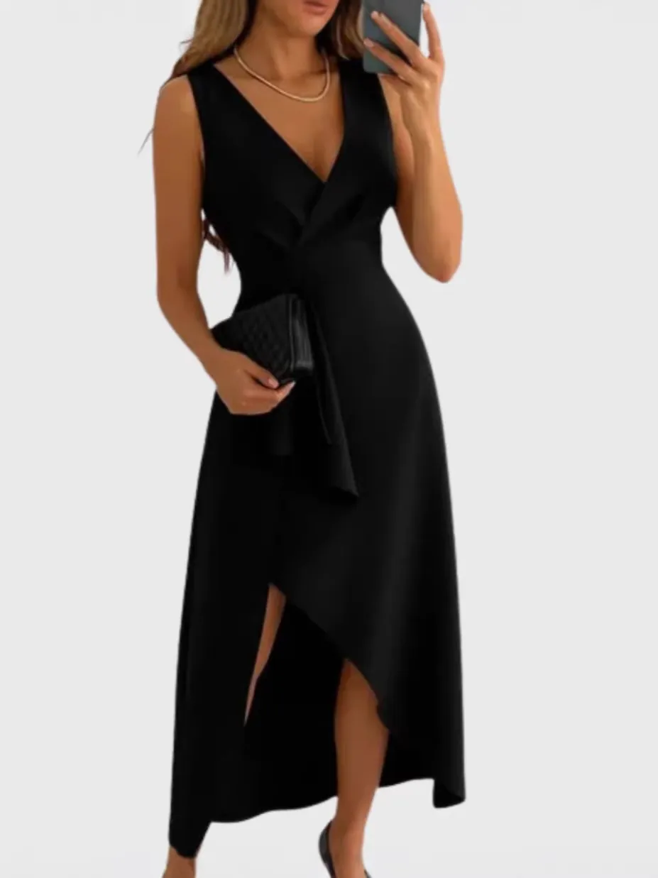 Elegant Women's V-Neck Sleeveless Asymmetric High-Low Hem Slit Midi Dress Solid Color Summer Fashion Party Evening Dress