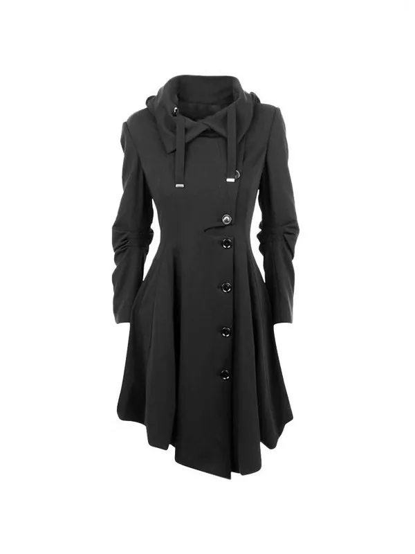 Damen Kapuzen Wollmantel Polyester Kaschmir Mischung Langarm Top Einfarbig Einreihiger Mantel Mit Unregelmäßigem Saum Wintermantel