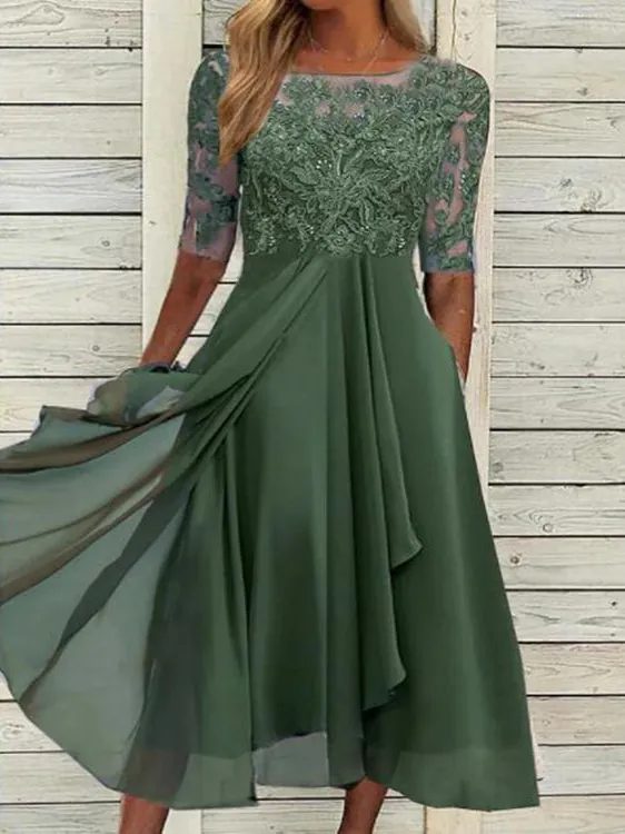 Elegante Chiffon Kanten Patchwork Avondjurk Dames Opengewerkt Halflange Mouwen Formele Party Bruidsmeisje Midi Jurk