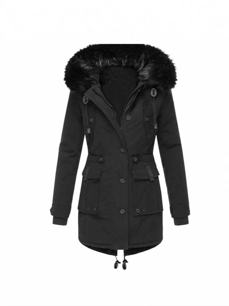 Parka Mi-Longue pour Femme Manteau d'Hiver Épais Doublé de Polaire Avec Capuche à Col en Fausse Fourrure Coupe-Vent Mi-Long