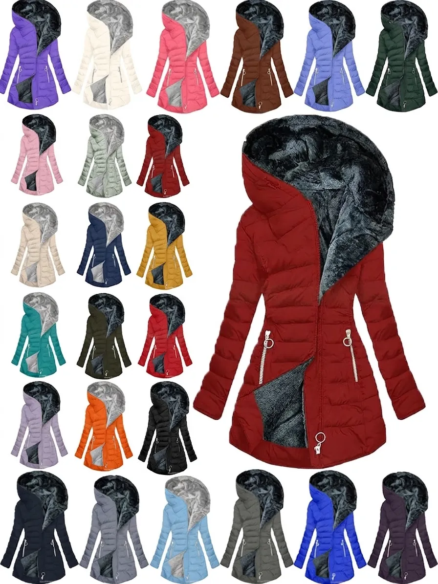Damen Verdickte Wattierte Jacke Mit Kapuze Winter Warm Polyester-Mischung Mittellange Gesteppte Top Oberbekleidung Taschen
