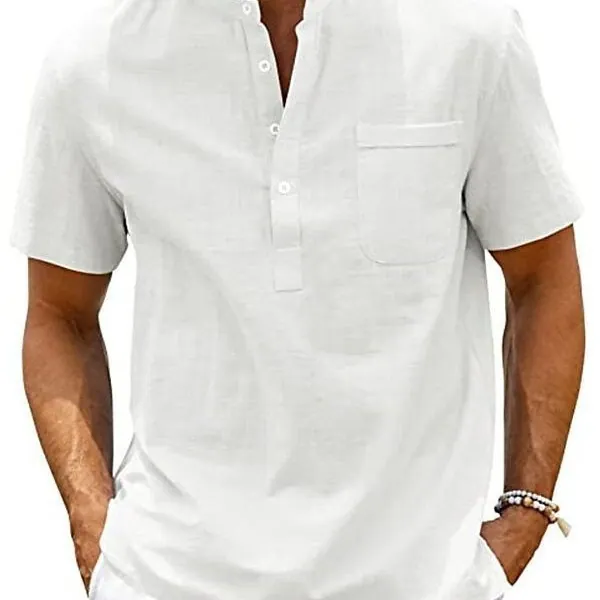 Men's Casual Cotton Linen Blend Stand Collar Henley Shirt Short Sleeve Pullover Solid Color Loose Fit Plus Size Top