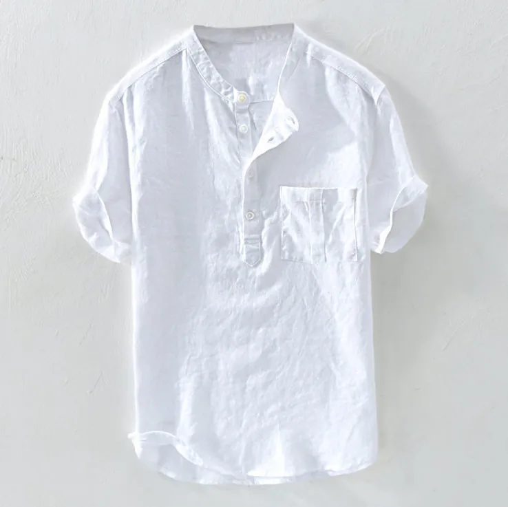 Men's Casual Cotton Linen Blend Short Sleeve Shirt Stand Collar Henley Shirt Summer Thin Breathable Loose Top Plain Color Men Clothing