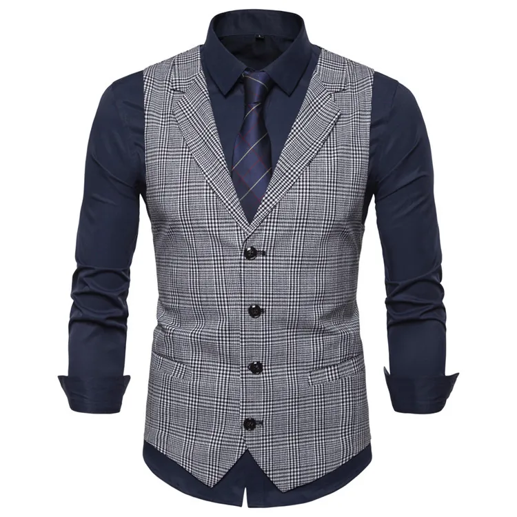 Men Business Casual Plaid Waistcoat British Style Slim Fit Single Breasted Notch Lapel Vest Top For Wedding Party