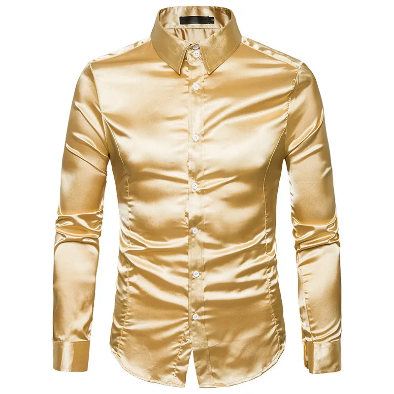 Men's Fashion Shiny Satin Long Sleeve Shirt Slim Fit Lapel Casual European Size Metallic Luster Printed Social Party Top