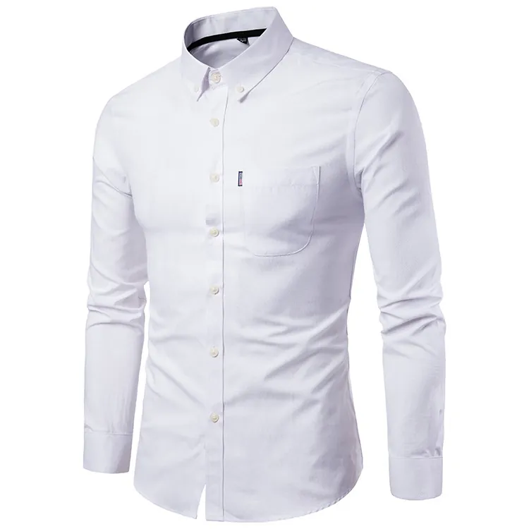 Men's Casual Long Sleeve Polyester Oxford Shirt Slim Fit Non-Iron Button Down Business Dress Shirt Solid Color Lapel Top