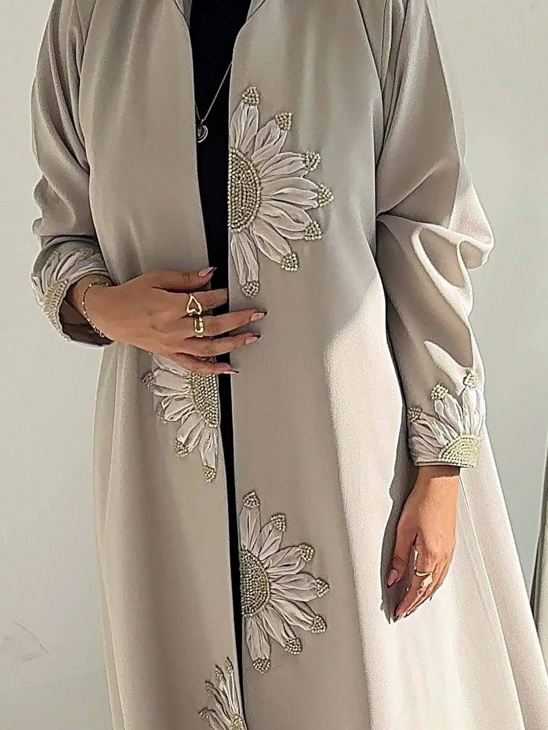 Women Elegant Polyester Embroidered Sunflower Robe Cardigan Loose Long Sleeve Longline Outerwear With Artificial Pearl Decor
