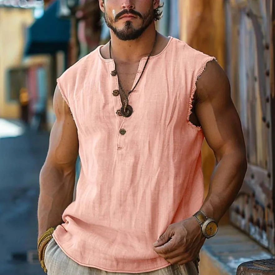 Canotta da Uomo Casual Senza Maniche Henley Tinta Unita Misto Cotone Maglietta Muscle Summer Retro Beach Top