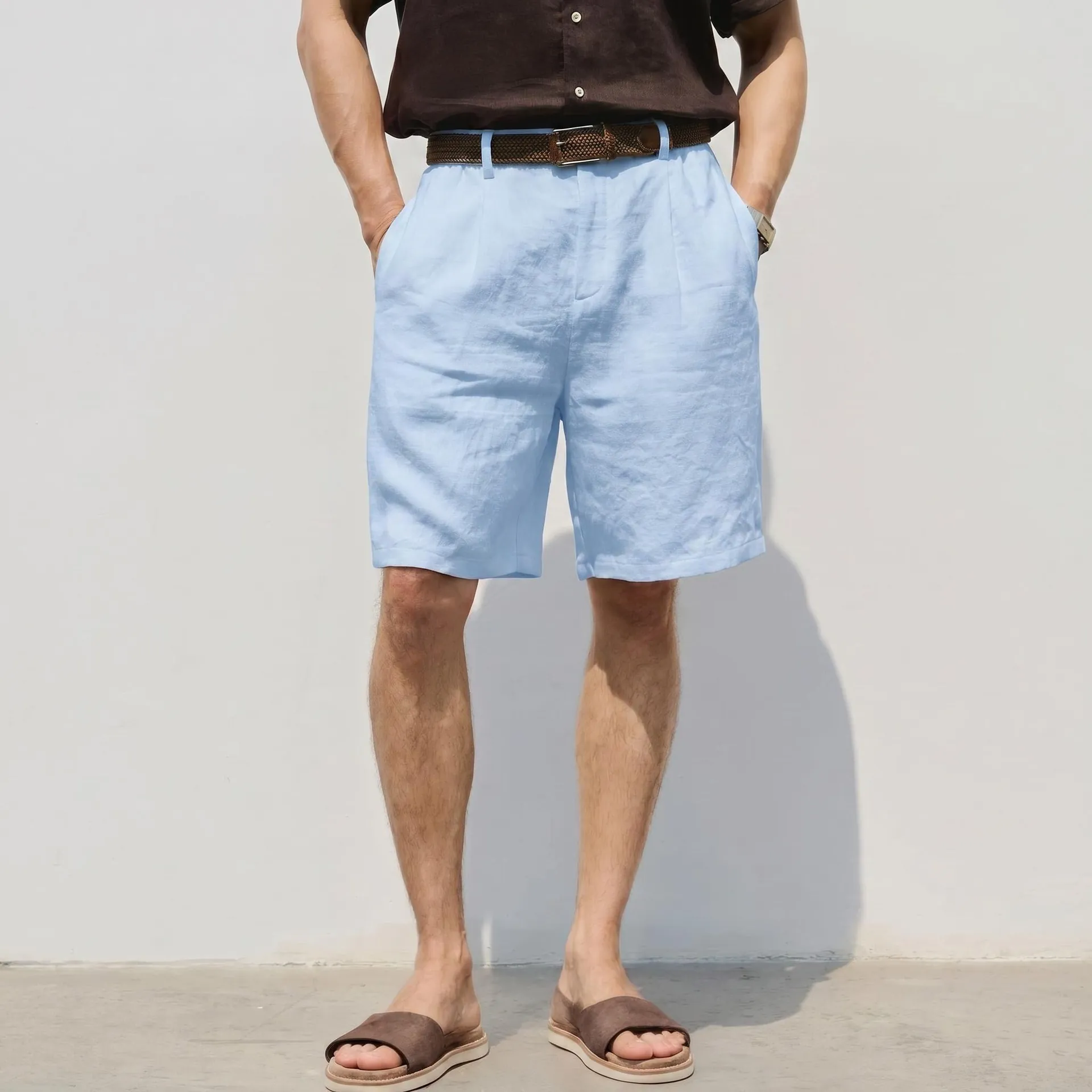 Men's Loose Linen Shorts Summer Breathable Straight-Leg Cotton Linen Casual Shorts Beach Vacation Style Pleated Walking Shorts