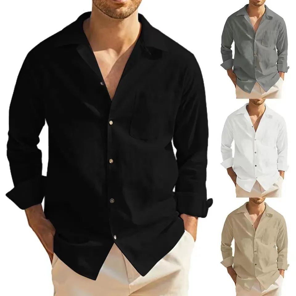 Herren Casual Baumwolle Langarm Hemd Button Down Sommer Strand Leinen Stil Einfarbig Top Mit Brusttasche